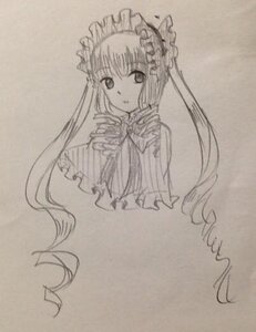 Rating: Safe Score: 0 Tags: 1girl dress frills image long_hair long_sleeves looking_at_viewer monochrome shinku simple_background solo traditional_media very_long_hair User: admin