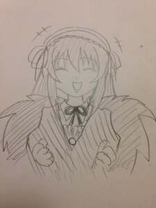 Rating: Safe Score: 0 Tags: 1girl :d closed_eyes dress facing_viewer feathered_wings graphite_(medium) hairband image long_hair long_sleeves monochrome open_mouth ribbon simple_background smile solo suigintou traditional_media upper_body wings User: admin