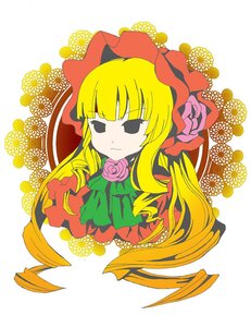 Rating: Safe Score: 0 Tags: 1girl blonde_hair bonnet bow bowtie chibi dress drill_hair flower image long_hair long_sleeves pink_rose rose shinku simple_background solo User: admin