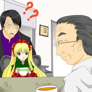 Rating: Safe Score: 0 Tags: 1boy 1girl black_hair blonde_hair blue_eyes cup glasses image long_hair red_dress shinku solo striped twintails User: admin