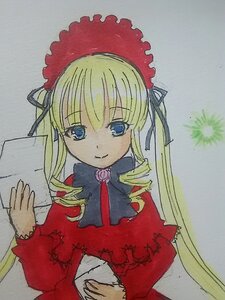 Rating: Safe Score: 0 Tags: 1girl bangs blonde_hair blue_eyes bow bowtie closed_mouth dress drill_hair flower frills grey_background image long_hair long_sleeves looking_at_viewer photo red_dress rose shinku simple_background smile solo traditional_media upper_body User: admin