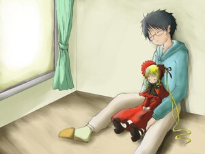 Rating: Safe Score: 0 Tags: 1boy 1girl black_hair blonde_hair bonnet closed_eyes curtains dress glasses image long_hair long_sleeves red_dress shinku sitting sleeping solo very_long_hair User: admin