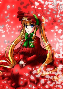 Rating: Safe Score: 0 Tags: 1girl blonde_hair blue_eyes bonnet bow bowtie capelet dress flower green_bow green_neckwear image long_hair long_sleeves looking_at_viewer petals red_dress red_flower red_rose rose rose_petals shinku sitting solo twintails very_long_hair User: admin