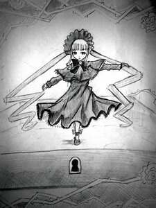 Rating: Safe Score: 0 Tags: 1girl bonnet bow bowtie dress frills full_body greyscale hat image long_hair long_sleeves looking_at_viewer monochrome shinku solo standing twintails User: admin