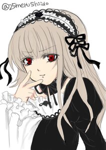 Rating: Safe Score: 0 Tags: 1girl black_ribbon closed_mouth dress frilled_sleeves frills hairband image long_hair long_sleeves looking_at_viewer red_eyes ribbon simple_background solo suigintou upper_body white_background User: admin