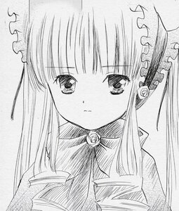 Rating: Safe Score: 0 Tags: 1girl bangs blunt_bangs blush bowtie greyscale image jewelry long_hair looking_at_viewer monochrome rose shinku simple_background solo twintails User: admin