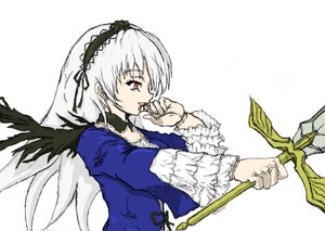 Rating: Safe Score: 0 Tags: 1girl black_wings dress feathers flower frills hairband holding image jewelry juliet_sleeves long_hair long_sleeves puffy_sleeves red_eyes ribbon rose simple_background solo suigintou upper_body weapon white_background wings User: admin