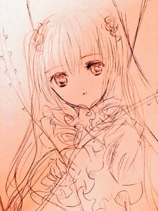 Rating: Safe Score: 0 Tags: 1girl bangs eyebrows_visible_through_hair flower frills hair_flower hair_ornament image long_hair long_sleeves looking_at_viewer monochrome parted_lips shinku solo traditional_media upper_body User: admin