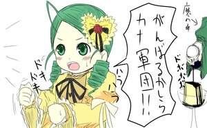 Rating: Safe Score: 0 Tags: 1boy 1girl blush drill_hair flower green_eyes green_hair image kanaria long_sleeves open_mouth simple_background solo white_background User: admin