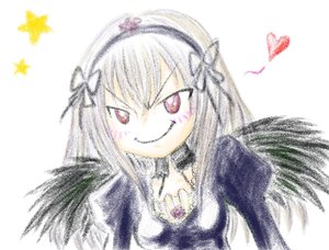 Rating: Safe Score: 0 Tags: 1girl bangs black_wings blush dress grin hairband heart image long_hair long_sleeves looking_at_viewer smile solo striped suigintou traditional_media white_background wings User: admin