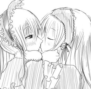 Rating: Safe Score: 0 Tags: 2girls blush closed_eyes frills greyscale hairband image kiss lolita_hairband long_hair long_sleeves looking_at_another monochrome multiple_girls pair shinku siblings simple_background sisters suigintou white_background yuri User: admin