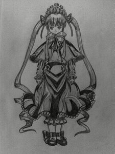 Rating: Safe Score: 0 Tags: 1girl auto_tagged bow bowtie capelet dress full_body greyscale image long_hair long_sleeves looking_at_viewer monochrome shinku shoes solo standing traditional_media twintails very_long_hair User: admin