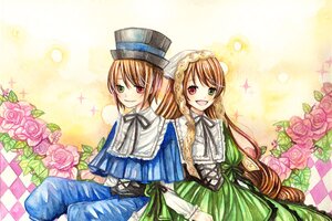 Rating: Safe Score: 0 Tags: 2girls :d argyle argyle_background bouquet brown_hair checkered checkered_background checkered_floor dress flower green_dress green_eyes hat heterochromia image long_hair long_sleeves multiple_girls open_mouth pair pink_flower pink_rose red_eyes rose siblings sisters smile souseiseki suiseiseki top_hat twins User: admin