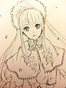 Rating: Safe Score: 0 Tags: 1girl bangs bonnet bow bowtie capelet closed_mouth dress eyebrows_visible_through_hair frills image long_hair long_sleeves looking_at_viewer monochrome shinku solo upper_body User: admin