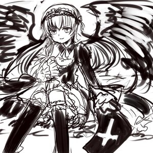 Rating: Safe Score: 0 Tags: 1girl boots dress frills greyscale hairband image lolita_fashion lolita_hairband long_hair long_sleeves looking_at_viewer monochrome smile solo suigintou white_background wings User: admin