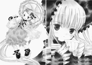 Rating: Safe Score: 0 Tags: 2girls blush cup dress frills greyscale holding holding_umbrella image kanaria lolita_fashion long_hair long_sleeves looking_at_viewer monochrome multiple_girls pair parasol shinku standing umbrella User: admin