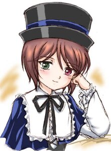 Rating: Safe Score: 0 Tags: 1girl blue_dress blush brown_hair closed_mouth dress eyebrows_visible_through_hair frills green_eyes hat heterochromia image long_sleeves looking_at_viewer red_eyes ribbon short_hair simple_background solo souseiseki upper_body white_background User: admin