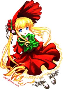 Rating: Safe Score: 0 Tags: 1girl :d blonde_hair blue_eyes bonnet bow bowtie capelet dress flower full_body green_bow green_neckwear image long_hair long_sleeves looking_at_viewer open_mouth red_capelet red_dress rose shinku shoes simple_background smile solo standing twintails white_background User: admin