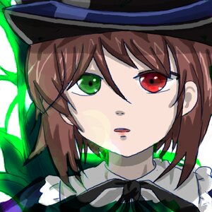 Rating: Safe Score: 0 Tags: 1girl bow bowtie brown_hair eyebrows_visible_through_hair face green_eyes hat image ribbon short_hair simple_background solo souseiseki white_background User: admin