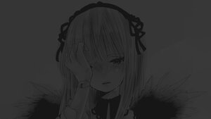 Rating: Safe Score: 0 Tags: 1girl bangs closed_mouth crying crying_with_eyes_open dress eyebrows_visible_through_hair feathered_wings fingernails grey_background greyscale hair_between_eyes hairband image long_hair long_sleeves looking_at_viewer monochrome ribbon simple_background solo suigintou tears wings User: admin