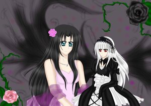 Rating: Safe Score: 0 Tags: 2girls black_dress black_hair black_rose blue_eyes dress flower hair_flower hairband image kakizaki_megu long_hair multiple_girls pink_flower pink_rose purple_flower purple_rose red_eyes red_flower red_rose rose solo suigintou thorns vines white_hair wings User: admin