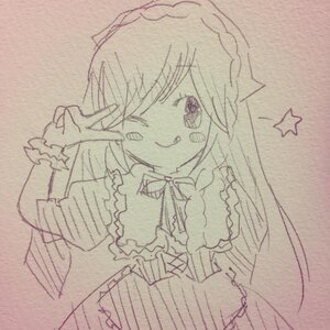 Rating: Safe Score: 0 Tags: 1girl dress frills image long_hair monochrome one_eye_closed photo solo star_(symbol) suiseiseki traditional_media v User: admin