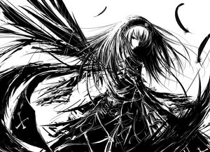 Rating: Safe Score: 0 Tags: 1girl black_wings dress feathered_wings feathers greyscale hairband high_contrast highres image iori_yakatabako long_hair looking_back making-of_available monochrome rozen_maiden simple_background solo suigintou wings User: admin