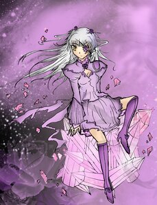 Rating: Safe Score: 0 Tags: 1girl barasuishou boots dress image knee_boots long_hair purple_theme ribbon silver_hair solo two_side_up yellow_eyes User: admin