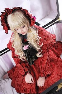 Rating: Safe Score: 0 Tags: 1girl bangs blonde_hair closed_eyes closed_mouth dress flower lace long_hair long_sleeves red_dress shinku sitting solo wavy_hair User: admin