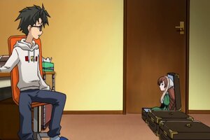 Rating: Safe Score: 0 Tags: 1boy 1girl black_hair brown_hair chair hood image indoors long_hair long_sleeves pants sitting solo suiseiseki User: admin