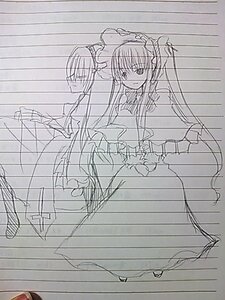 Rating: Safe Score: 0 Tags: 1girl dress image long_hair long_sleeves monochrome pair shinku simple_background solo speed_lines suigintou User: admin