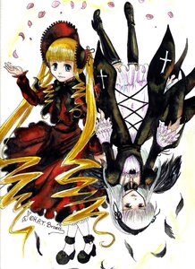 Rating: Safe Score: 0 Tags: 2girls black_wings blonde_hair boots dress feathers flower frills hairband image long_hair long_sleeves looking_at_viewer multiple_girls pair petals red_eyes rose rose_petals shinku silver_hair suigintou traditional_media wings User: admin