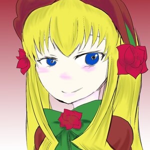 Rating: Safe Score: 0 Tags: 1girl blonde_hair blue_eyes blush bow bowtie face flower hair_ornament hat image long_hair looking_at_viewer portrait red_flower rose shinku simple_background smile solo User: admin