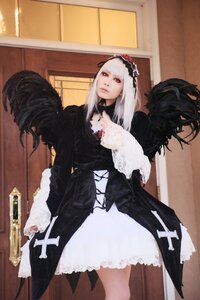 Rating: Safe Score: 0 Tags: 1girl dress frills gothic_lolita hairband indoors long_hair long_sleeves photo solo standing suigintou white_hair User: admin