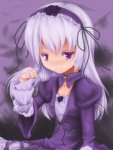 Rating: Safe Score: 0 Tags: 1girl dress flower frilled_sleeves frills gothic_lolita hairband image juliet_sleeves lolita_fashion lolita_hairband long_hair long_sleeves looking_at_viewer puffy_sleeves purple_dress ribbon rose silver_hair solo suigintou User: admin