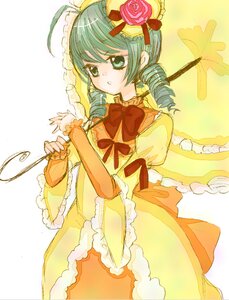 Rating: Safe Score: 0 Tags: 1girl ahoge bow dress drill_hair flower frills green_eyes green_hair image kanaria long_sleeves rose solo striped twin_drills yellow_dress User: admin