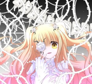 Rating: Safe Score: 0 Tags: 1girl blonde_hair dress eyepatch flower frills hair_flower hair_ornament image kirakishou long_hair looking_at_viewer rose solo thorns two_side_up upper_body white_flower white_rose yellow_eyes User: admin