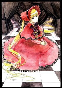 Rating: Safe Score: 0 Tags: 1girl argyle argyle_background blonde_hair bonnet checkered checkered_background checkered_floor curtains dress image letterboxed long_hair perspective red_dress shinku sitting solo tile_floor tiles traditional_media twintails very_long_hair User: admin