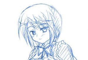 Rating: Safe Score: 0 Tags: 1girl blue_theme blush bow bowtie closed_mouth eyebrows_visible_through_hair image looking_at_viewer monochrome ribbon short_hair simple_background sketch smile solo souseiseki upper_body white_background User: admin