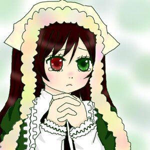Rating: Safe Score: 0 Tags: 1girl bangs blush closed_mouth dress frills frown green_background green_eyes hands_clasped hands_together image interlocked_fingers long_sleeves looking_at_viewer own_hands_together red_eyes sad solo suiseiseki tears upper_body veil User: admin