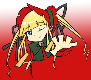 Rating: Safe Score: 0 Tags: 1girl bangs blonde_hair blue_eyes bonnet bow bowtie dress flower image long_hair long_sleeves looking_at_viewer one_eye_closed red_background red_dress rose shinku simple_background solo twintails upper_body User: admin