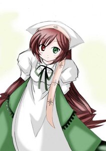 Rating: Safe Score: 0 Tags: 1girl brown_hair dress frills green_dress green_eyes hat head_scarf heterochromia image long_hair long_sleeves looking_at_viewer red_eyes simple_background solo suiseiseki very_long_hair white_background User: admin