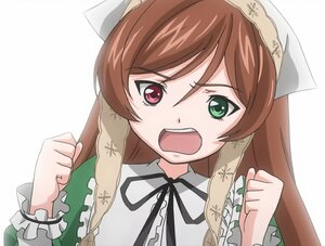 Rating: Safe Score: 0 Tags: 1girl angry black_ribbon brown_hair dress frills green_eyes hat head_scarf heterochromia image long_hair long_sleeves open_mouth red_eyes ribbon simple_background solo striped suiseiseki upper_body User: admin