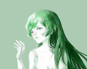 Rating: Safe Score: 0 Tags: 1girl eyelashes green_background green_theme image lips long_hair monochrome parted_lips simple_background solo suiseiseki upper_body User: admin