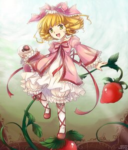 Rating: Safe Score: 0 Tags: 1girl apple blonde_hair bloomers bow commentary_request dated dress drill_hair food frills fruit full_body green_eyes hair_bow hina_ichigo hinaichigo image long_sleeves mtyy object_namesake open_mouth photoshop_(medium) pink_bow plant ribbon rozen_maiden shoes short_hair smile solo strawberry underwear white_bloomers User: admin