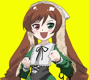 Rating: Safe Score: 0 Tags: 1girl :d black_ribbon brown_hair dress frills green_dress green_eyes head_scarf heterochromia image long_hair long_sleeves looking_at_viewer open_mouth red_eyes ribbon simple_background smile solo suiseiseki twintails upper_body yellow_background User: admin