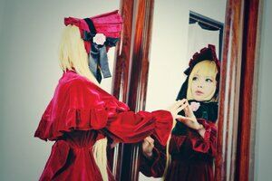 Rating: Safe Score: 0 Tags: blonde_hair blue_eyes bonnet curtains dress long_sleeves red_dress shinku solo User: admin