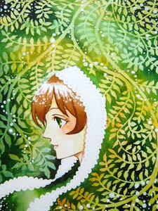 Rating: Safe Score: 0 Tags: 1girl auto_tagged bangs brown_hair closed_mouth from_side green_eyes hood image outdoors plant portrait profile smile solo suiseiseki User: admin