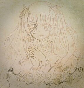 Rating: Safe Score: 0 Tags: 1girl dress flower frills hair_ornament image kirakishou long_hair looking_at_viewer monochrome rose solo tears traditional_media twintails User: admin