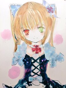 Rating: Safe Score: 0 Tags: 1girl blonde_hair bow closed_mouth dress green_eyes heterochromia image looking_at_viewer red_eyes smile solo souseiseki traditional_media watercolor_(medium) User: admin